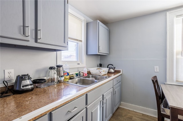 kitchen with a sink, baseboards, dark wood-style floors, and gray cabinets