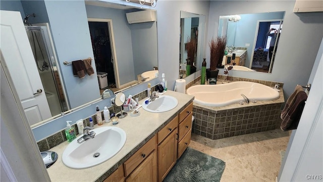 bathroom featuring a garden tub, a wall unit AC, a stall shower, and a sink