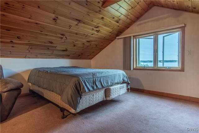 carpeted bedroom with wood ceiling, baseboards, and vaulted ceiling