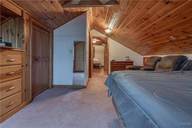 bedroom with lofted ceiling, light carpet, and wooden ceiling