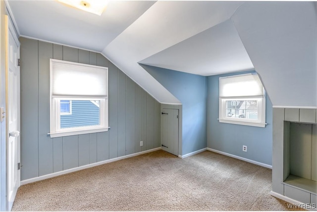 additional living space featuring vaulted ceiling, baseboards, and carpet floors