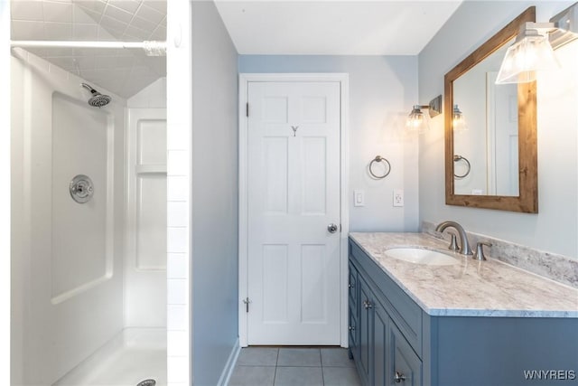 full bathroom with tile patterned floors, vanity, and walk in shower