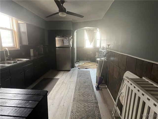 kitchen featuring light wood-type flooring, freestanding refrigerator, a sink, wainscoting, and dark cabinets