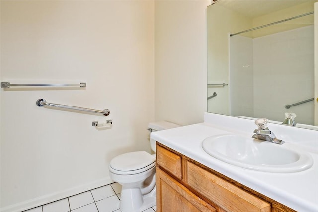 full bath with tile patterned flooring, baseboards, toilet, vanity, and a shower