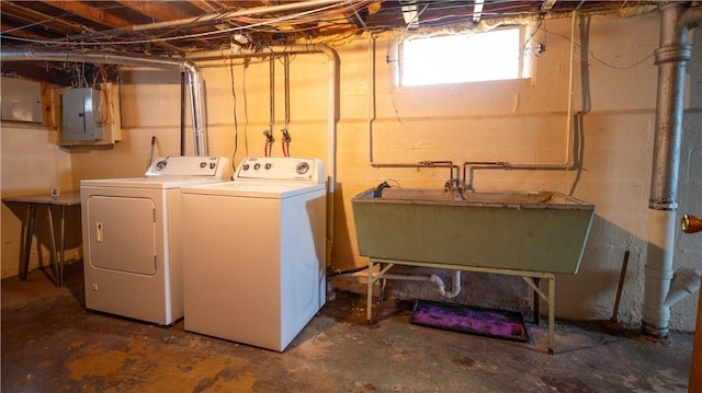 laundry area with electric panel, washing machine and dryer, laundry area, and a sink