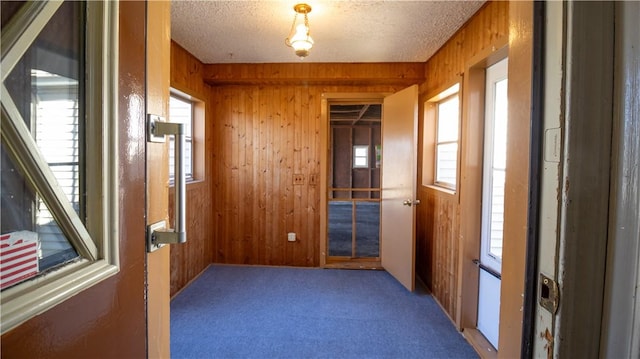 interior space with wooden walls, carpet, and a textured ceiling