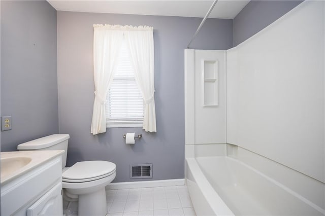 bathroom featuring visible vents, baseboards, toilet, tile patterned floors, and vanity