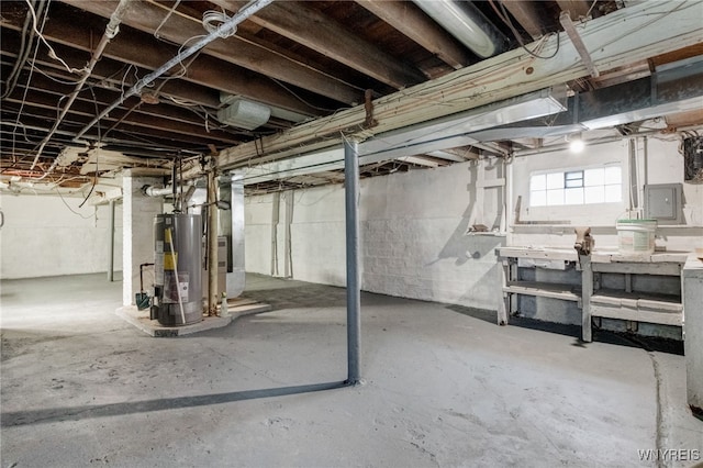 basement with electric panel and water heater