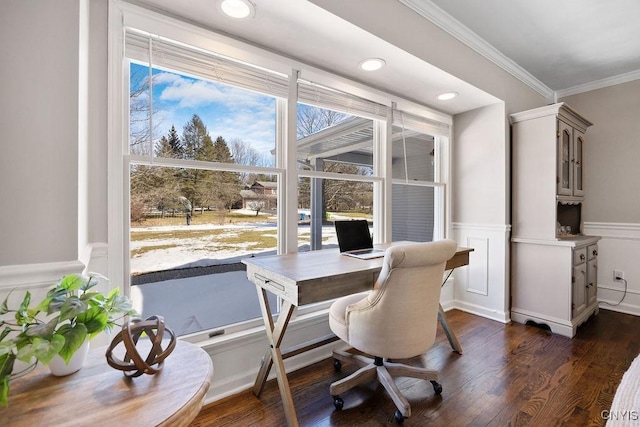 home office with recessed lighting, dark wood finished floors, wainscoting, and ornamental molding