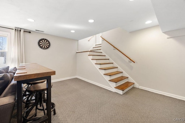 dining space featuring recessed lighting, visible vents, dark carpet, and baseboards