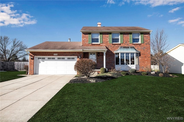 view of front of home with driveway, fence, a front yard, an attached garage, and brick siding