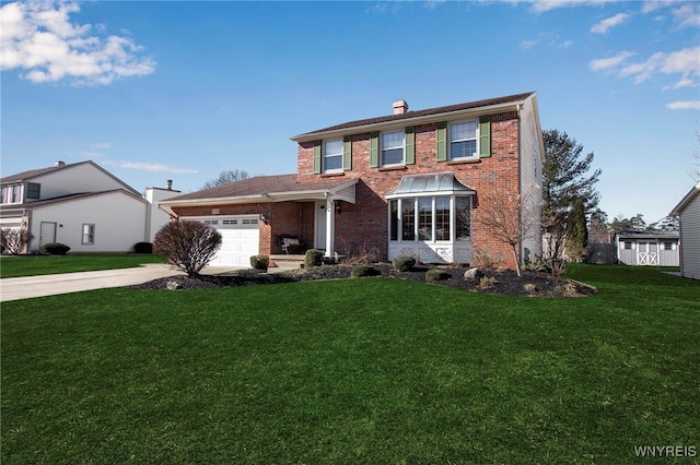 view of front of property with a garage, brick siding, concrete driveway, and a front yard