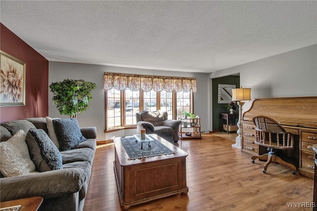 living room featuring a textured ceiling and hardwood / wood-style floors