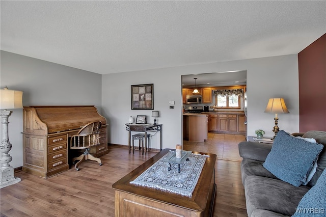 living area featuring baseboards, light wood-style floors, and a textured ceiling