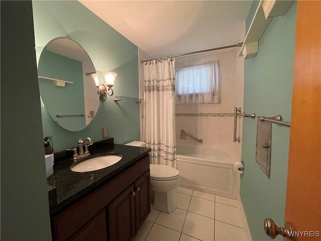 full bath with tile patterned floors, shower / bath combination with curtain, vanity, and toilet