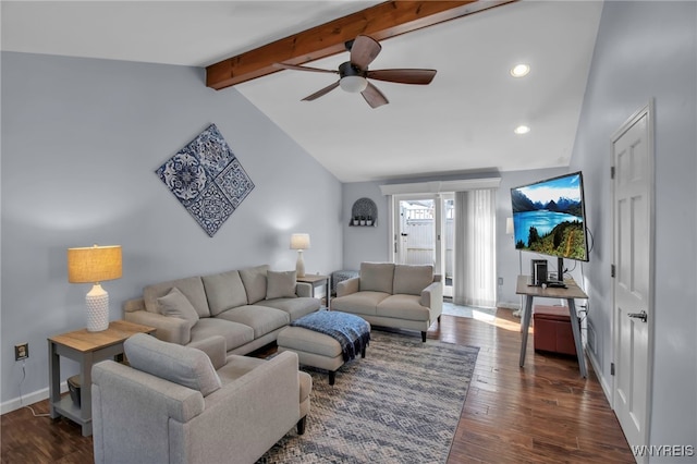 living area featuring a ceiling fan, recessed lighting, baseboards, vaulted ceiling with beams, and dark wood-style flooring