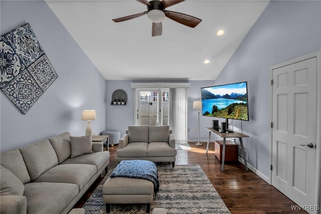 living area featuring dark wood-type flooring, recessed lighting, baseboards, ceiling fan, and vaulted ceiling