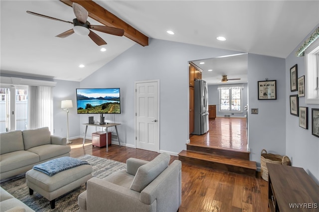 living area featuring dark wood-style flooring, recessed lighting, baseboards, ceiling fan, and vaulted ceiling with beams