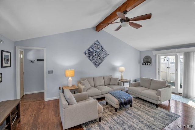 living room with lofted ceiling with beams, baseboards, wood-type flooring, and a ceiling fan