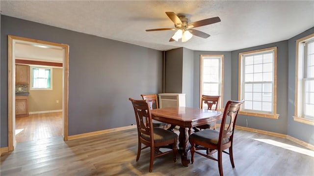 dining space with a ceiling fan, wood finished floors, and baseboards