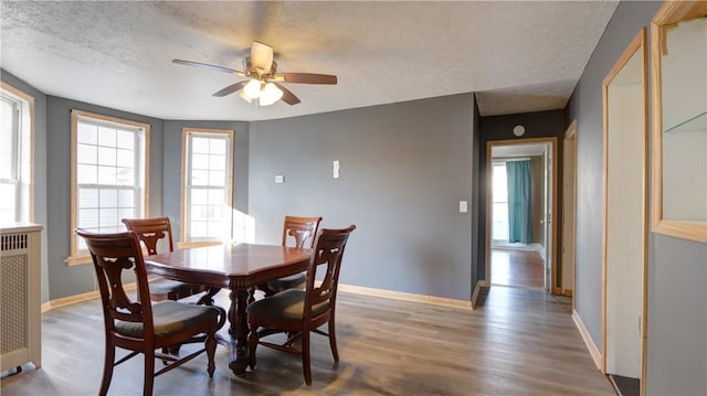 dining room featuring wood finished floors, baseboards, and a textured ceiling