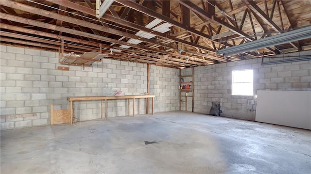 basement featuring a garage and concrete block wall