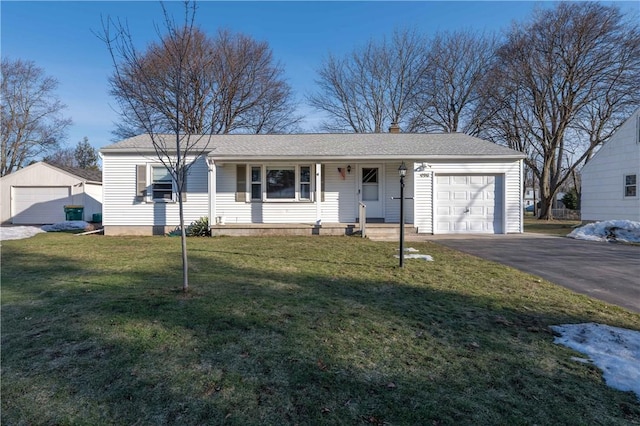 ranch-style home with a front yard, covered porch, a garage, and roof with shingles