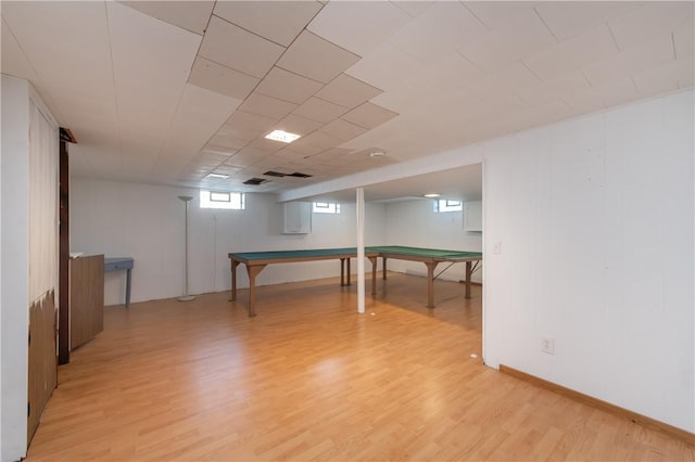 recreation room with baseboards, light wood-style floors, and pool table