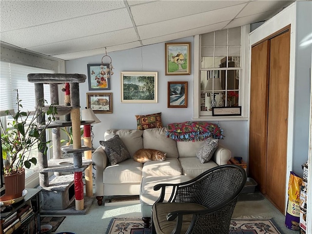 living area with a paneled ceiling and carpet floors