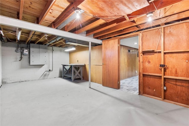 unfinished basement featuring concrete block wall