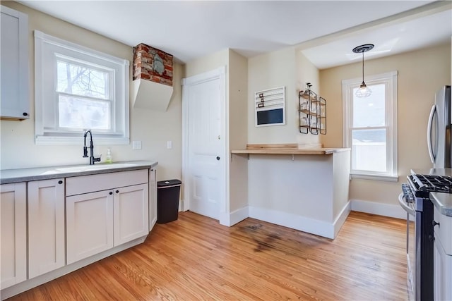 kitchen featuring a healthy amount of sunlight, light wood-type flooring, appliances with stainless steel finishes, and a sink