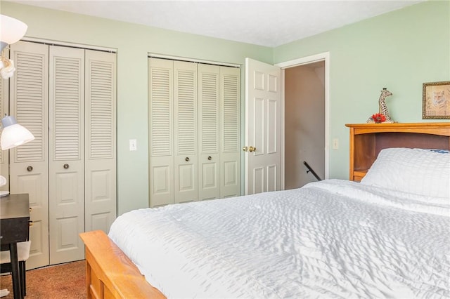 carpeted bedroom with two closets