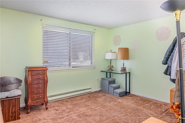 interior space with baseboards, baseboard heating, and carpet floors