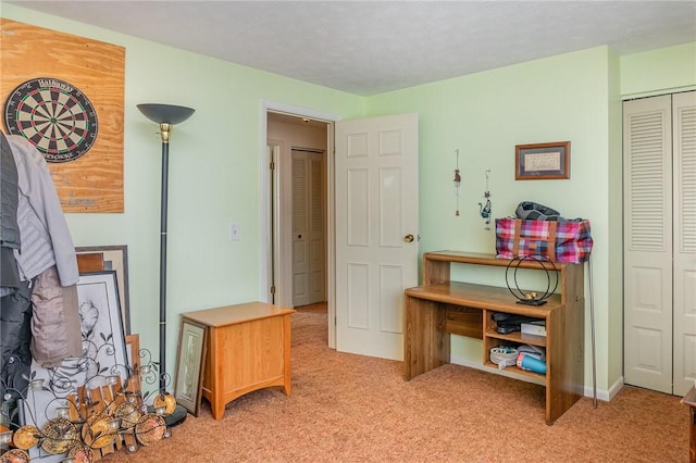 bedroom with a closet and light carpet