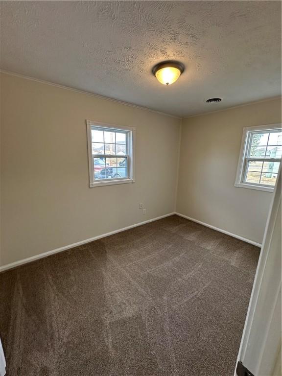 spare room featuring visible vents, a textured ceiling, crown molding, dark colored carpet, and baseboards