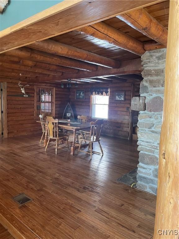 8558 Jackson Hill Rd, Boonville, NY 13309 - dining space featuring wood walls, visible vents, wood-type flooring, beam ceiling, and wooden ceiling