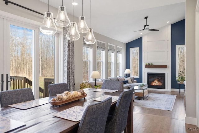 dining space featuring a healthy amount of sunlight, a fireplace, high vaulted ceiling, and wood-type flooring