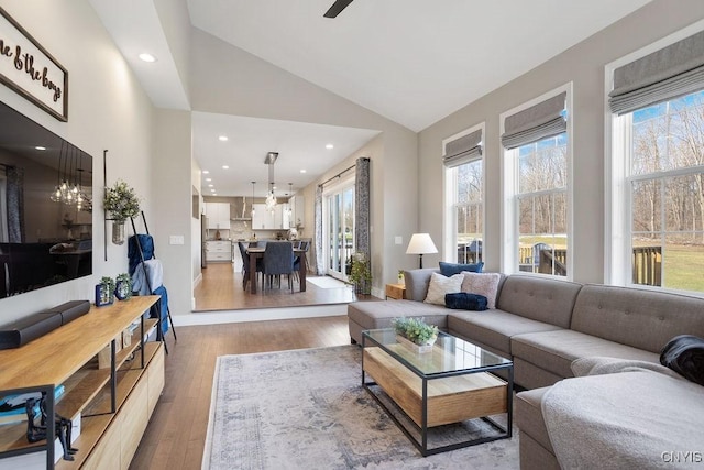 living area with vaulted ceiling, recessed lighting, wood finished floors, and a healthy amount of sunlight