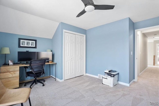 office with baseboards, carpet floors, a ceiling fan, and vaulted ceiling