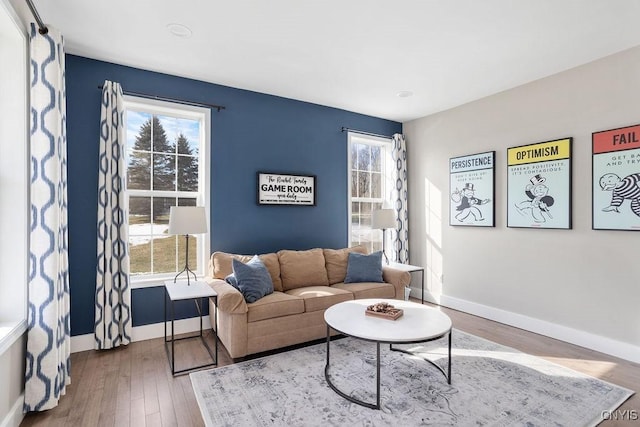 living room featuring wood finished floors, baseboards, and a wealth of natural light