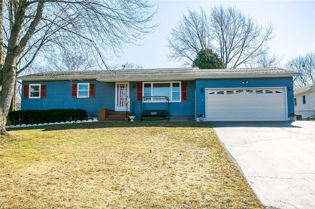 ranch-style home featuring a porch, driveway, a front lawn, and a garage