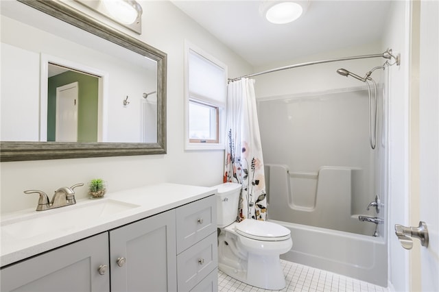 bathroom with vanity, tile patterned floors, toilet, and shower / tub combo with curtain