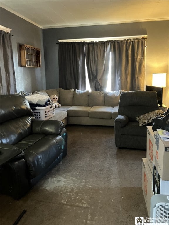 living room with ornamental molding