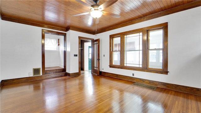 unfurnished room with visible vents, wooden ceiling, and ornamental molding