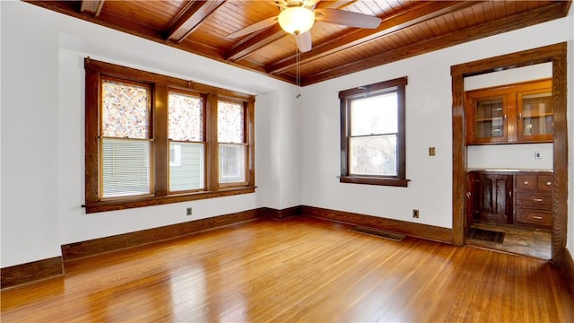 empty room with wood finished floors, visible vents, baseboards, beam ceiling, and wood ceiling