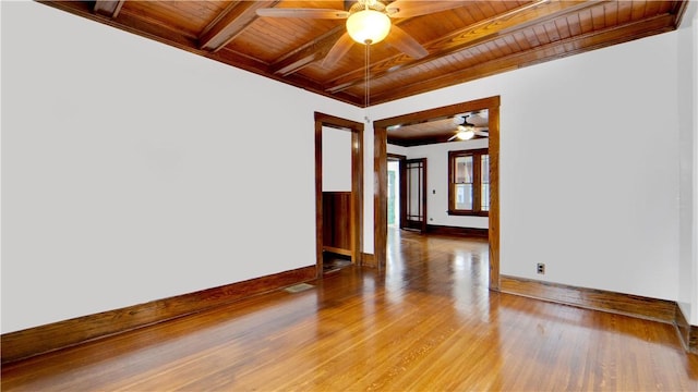 empty room featuring visible vents, baseboards, wood ceiling, beam ceiling, and wood finished floors