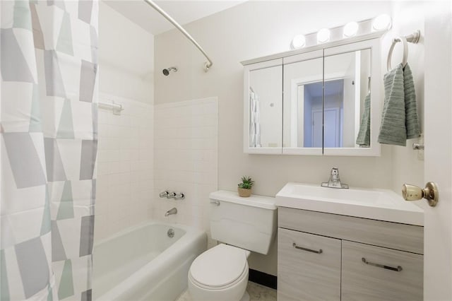 bathroom with shower / bathtub combination with curtain, toilet, and vanity