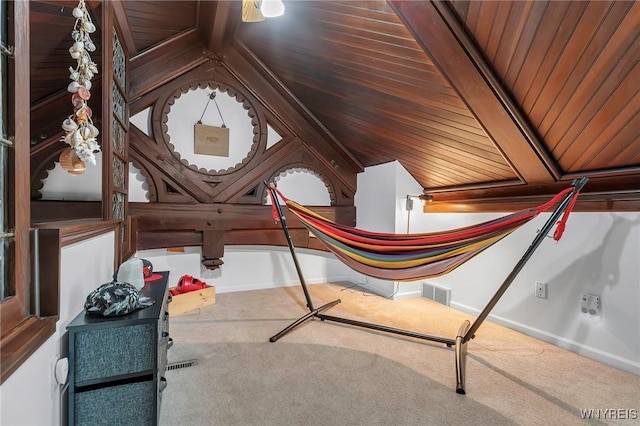 details featuring baseboards, carpet floors, and wooden ceiling