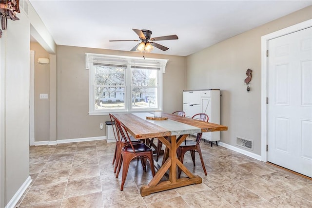 dining space with visible vents, baseboards, and ceiling fan