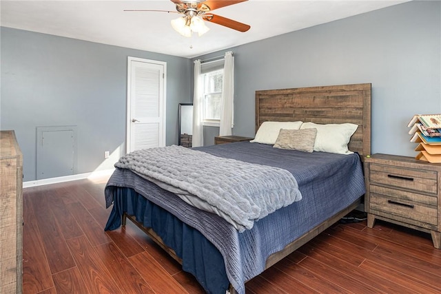 bedroom with a ceiling fan and wood finished floors